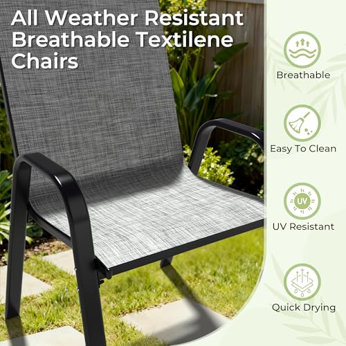 PATIOPIA 7-Piece Outdoor Dining Set, All Weather Patio Table and Chairs Set with Umbrella Hole for 6, Rectangular Steel Slat Table and 6 Textilene Chairs for Garden, Backyard, Poolside and Deck, Grey