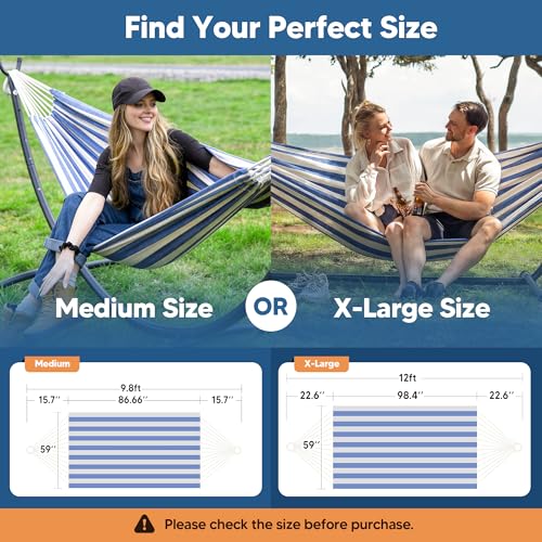 SUNCREAT Large Hammocks for Outside, Long Replacement Hammock Two Person for Stand, Blue White Stripes