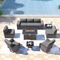 Kullavik 10PCS Outdoor Patio Furniture Set,PE Wicker Rattan Sectional Sofa Patio Conversation Sets with 43" 55000BTU Gas Propane Fire Pit Table,Swivel Rocking Chairs Set,Grey