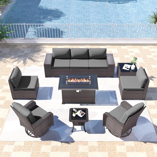 Kullavik 10PCS Outdoor Patio Furniture Set,PE Wicker Rattan Sectional Sofa Patio Conversation Sets with 43" 55000BTU Gas Propane Fire Pit Table,Swivel Rocking Chairs Set,Grey