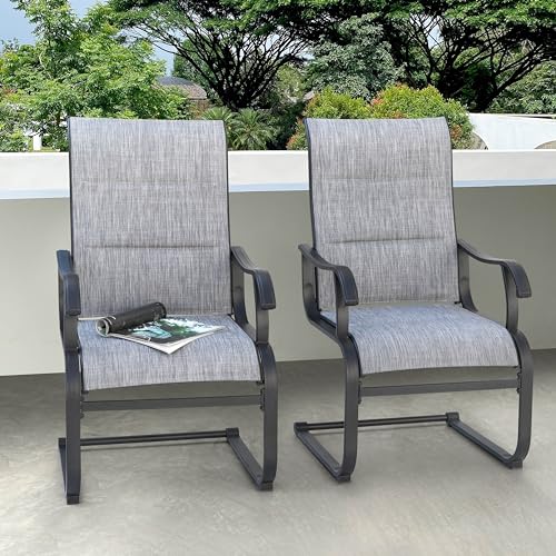 NUU GARDEN Set of 2 Patio Dining Chairs All Weather Outdoor Padded Textilene Chairs with High Back and Spring Motion Design Breathable Outdoor Dining Chairs for Deck Lawn Backyard Grey
