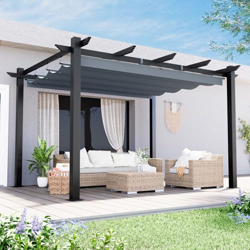 MELLCOM Retractable Pergola 10x13 Ft, Aluminum Shelter with Upgraded Sun Shade Canopy, Reinforced Frame Outdoor Pergola with Dual Adjustable Roof for Patio Garden Deck, Gray