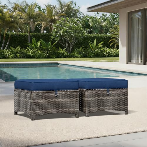 Joyside Outdoor Ottoman Set of 2, Patio Large Ottoman Foot Rest with Thickened Cushions, Outdoor Wicker Foot Stool for Porch, Deck Use