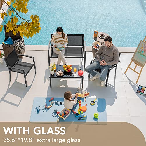 Devoko Outdoor Furniture Set 4 Piece Patio Conversation Sets Porch Furniture with Lawn Chairs & Glass Coffee Table for Garden Poolside (Black)