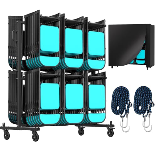 Folding Chair Rack- Heavy Duty Folding Chair Cart with Swivel Wheels, 84 Chairs or 42 Chairs and 12 Table,1000lbs Weight Capacity, with Outdoor Cover and 2 Binding Ropes 2 Rubber Locking Wheels