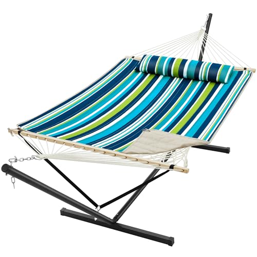 SUPERJARE 12ft Double Hammock with Stand, Rope Hammock for 2 Person, Detachable Hammock Bed and Pillow, Portable, Anti-Tip Safety Ropes, Carry Bag, Outdoor Backyard Patio Camping, Dark Cyan