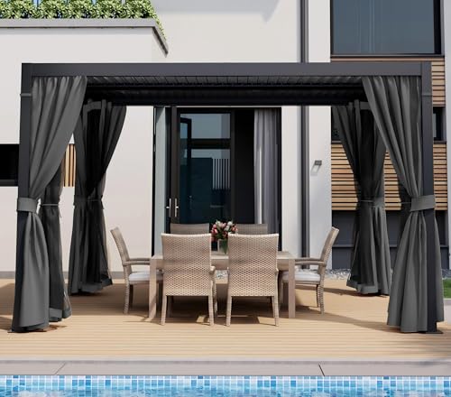 HAPPATIO Louvered Pergola 10‘ x13’ Outdoor, Aluminum Frame with Adjustable Rainproof Roof, Patio Pergola with Curtains and Mosquito Nets, Aluminum Frame for Patio, Backyard, Deck, Garden (Gray)