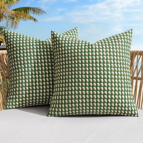 MIULEE Outdoor Texture Throw Pillow Covers Waterproof Pack of 2 Spring Decorative Woven Farmhouse Cushion Covers for Patio Garden Balcony Porch Tent Bench Sofa,18x18 Inch Green