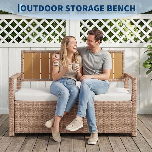 75 Gallon Outdoor Storage Bench, All-Weather PE Rattan Deck Box with Seat, Wicker Patio Furniture for Cushions, Garden Tools, Pool Accessories, Water-Resistant (Yellow Wicker & Beige Cushions)