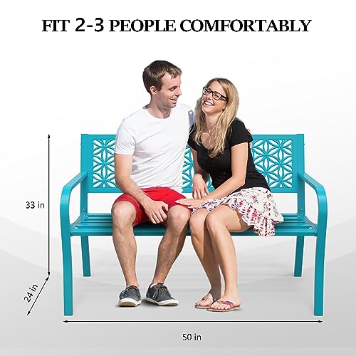 VINGLI 50" Outdoor Bench Metal with Floral Back, Garden Bench Front Porch Benches for Yard Patio Entryway Park, 800lb Capacity - Blue