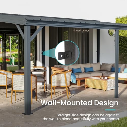 Domi 12' x 20' Lean to Gazebo, Wall Mounted Gazebos Pergola with Built in Drainage System, Galvanized Steel Roof, Hardtop Patio Shelter for Deck, Porch, Backyard and More
