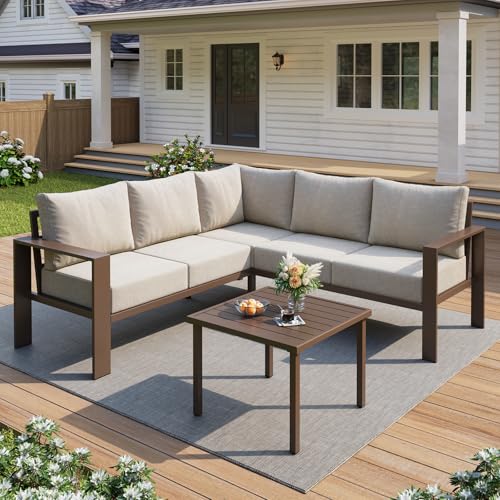 UDPATIO 6 Piece Patio Furniture Set, Metal Outdoor Sectional Sofa with 6" Thick Olefin Cushions, Wide Armrest & Coffee Table, L Shaped Outdoor Furniture for Garden, Backyard Beige