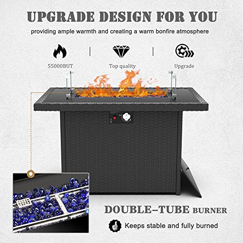 Vakollia 7 Pieces Patio Furniture Set with 44" Propane Gas Fire Pit Table, Outdoor Sectional Wicker Conversation Sofa Sets with Coffee Table