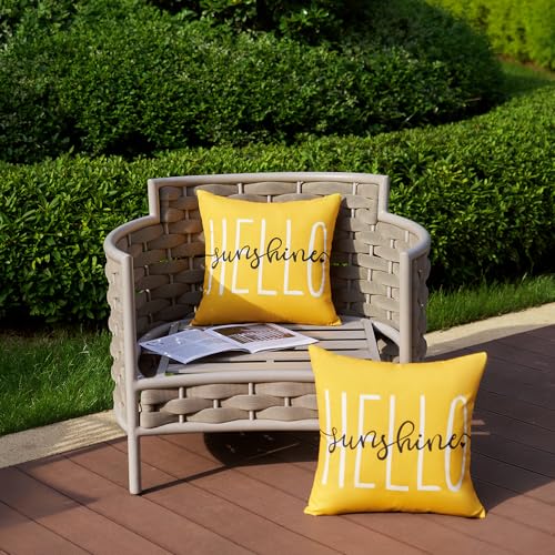 DFXSZ Outdoor Pillow Covers 18x18 Inch Set of 2 Hello Sunshine Decor Yellow Waterproof Summer Outdoor Waterproof Pillow Covers Decor for Patio Funiture Garden Sofa Couch 020B18