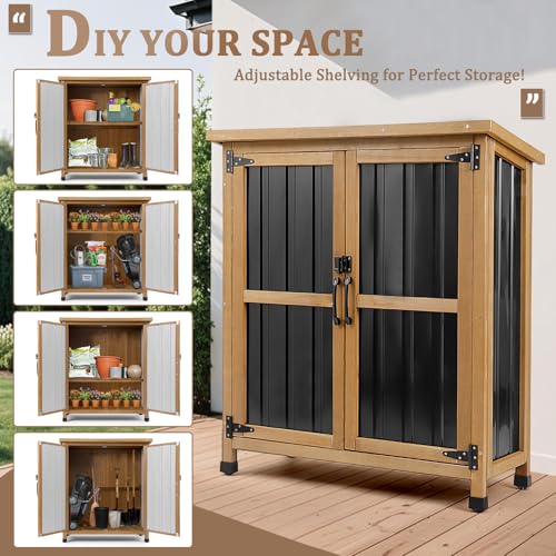 PetsCosset Weatherproof Outdoor Storage Cabinet with Lockable Doors, Wood & Metal Garden Storage Shed Patio Storage Box for Tools & Lawn Equipment, Pool Accessories