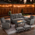 Artfurniz 7 Piece Patio Furniture Set with Fire Pit Table - Wicker Patio Conversation Set with Swivel Glider, 3 Seat Sofa, Side Table and 2 Ottomans for Deck Backyard - Brown Wicker Grey Cushion