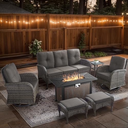 Artfurniz 7 Piece Patio Furniture Set with Fire Pit Table - Wicker Patio Conversation Set with Swivel Glider, 3 Seat Sofa, Side Table and 2 Ottomans for Deck Backyard - Brown Wicker Grey Cushion
