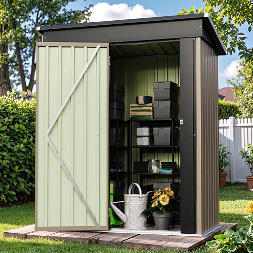Patiowell 5x3 FT Outdoor Storage Shed, Tool Shed with Sloping Roof and Lockable Door, Metal Shed for Backyard Garden Patio Lawn, Brown