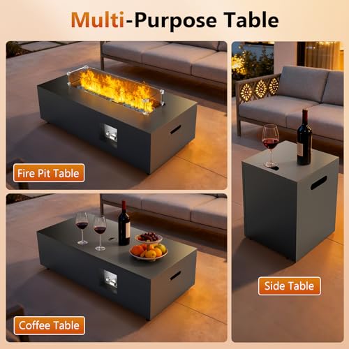 2-Piece 42" Rectangular Propane Fire Pit for Outside Patio with Hidden Tank Table, 50,000 BTU Fireplaces with Glass Wind Guard, Lid, Glass Rocks, Cover(Black)