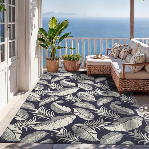 OPPODREAM Reversible Outdoor Rug 5x7, Waterproof Outdoor Plastic Straw Rug for Patio, Tropical Leaf RV Camping Rugs for Outside, Deck, Balcony, Porch, Backyard, Camping, Rv, Navy and Cream White
