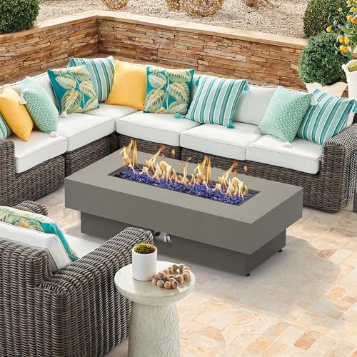 Outdoor Low Profile Fire Table, 48-inch Rectangle Propane Gas Fire Pit Table, 50,000 BTU Modern Firepit w/Lid, Glass Rocks, Cover, Pre-Attached 10ft Propane Hose, Flint Gray