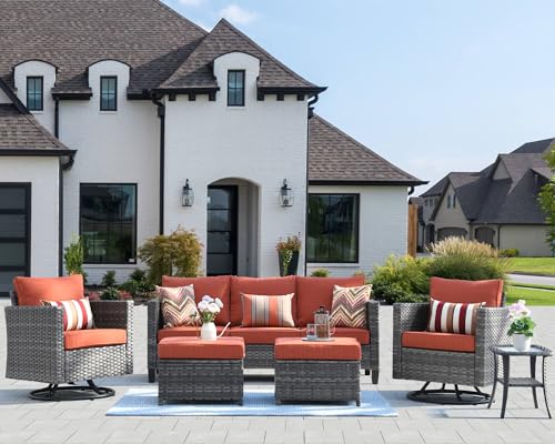 HOOOWOOO Wicker Patio Conversation Sets,6 Piece Outdoor Furniture Set with Swivel Rocking Chairs,All Weather Resistant Modern Outside Out Door Rattan Couch Chairs Side Table Set,Orange Red