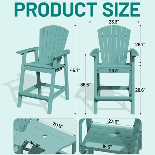 PLUUV Tall Adirondack Chairs Set of 2 with Double Connecting Trays, All Weather HDPE Bar Height Outdoor Chairs, Outdoor Adirondack Barstools with Umbrella Hole for Balcony, Patio, Backyard, Aruba