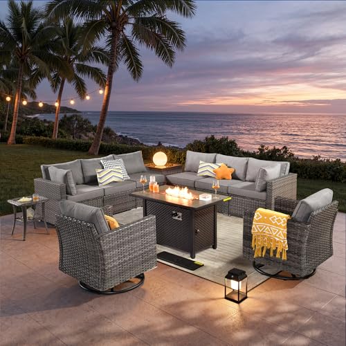 ovios 11 Piece Outdoor Patio Furniture Set with Fire Pit Table,Conversation Sectional Wicker Couch with Swivel Chairs,Modern Outside Sofa for Balcony Backyard, Dark Grey