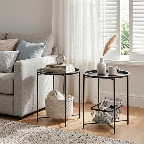 VECELO Side/End Table, Folding Round Metal Anti-Rust and Waterproof Outdoor or Indoor Tray for Living Room Bedroom Balcony and Office, 2 PCS, Black