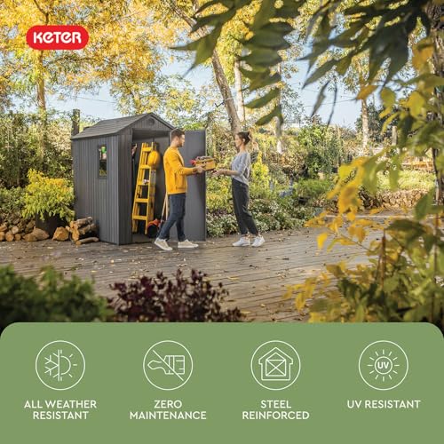 Keter Darwin 4x6 Feet Outdoor Storage Shed, Graphite Gray – Lockable Resin Organizer Unit with Single Door, Window, and Skylight for Backyard, Garden, or Lawn Organization