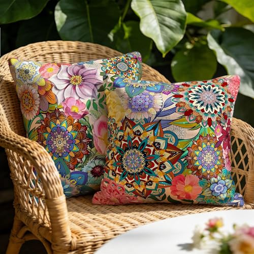 Waiyear Outdoor Pillow Covers 18x18 Boho Floral Waterproof Throw Pillow Covers Colorful Decorative Outdoor Cushion Cases for Patio Funiture Garden Bench Balcony Sofa Couch Set of 2