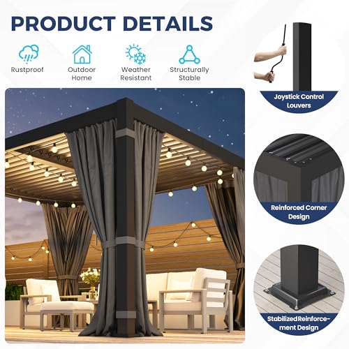 10' x 12' Louvered Pergola, Outdoor Pergola with Metal Adjustable Louvered Roof & Gutter System, Hardtop Patio Gazebo for Backyard, Patio, Garden, Dark Gray
