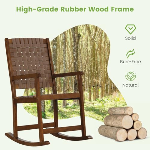 Tangkula Outdoor Rocking Chair, All Weather PU Seat & Rubber Wood Frame Porch Rocker, Safe & Smooth Rocking Motion, Ergonomic Patio Rocking Chair for Garden, Lawn, Balcony, Indoor (1, Brown)