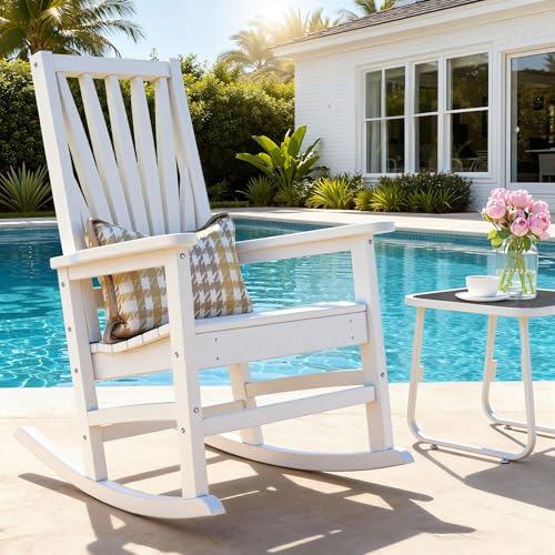 DWVO Outdoor Rocking Chair, Patio Rocker with Windsor Backrest & Wide Armrests, HDPE Patio Chair, 30° Rocking Motion, Outdoor Rocker for Porch, Balcony, Garden Seating, White