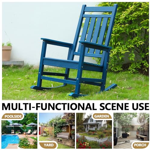 Oversized Outdoor Rocking Chair with Ergonomic Backrest, HDPE Patio Racking Chairs for Front Porch Outside All Weather, 300 LBS Capacity (Single, Navy Blue)