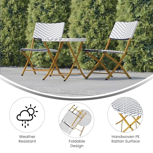 Flash Furniture Rouen Commercial Grade Folding Bistro Set, Indoor/Outdoor PE Rattan Table Top, Back and Seat, Natural Steel Frames, 3 Piece Set, Navy/White