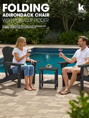 KINGYES Folding Adirondack Chair Set of 4, Dual Cup Holders & All-Weather HDPE, Wood-Like Patio Chair for Backyard, Camping, Pool & Fire Pit, Black