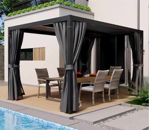 HAPPATIO Louvered Pergola 10‘ x13’ Outdoor, Aluminum Frame with Adjustable Rainproof Roof, Patio Pergola with Curtains and Mosquito Nets, Aluminum Frame for Patio, Backyard, Deck, Garden (Gray)