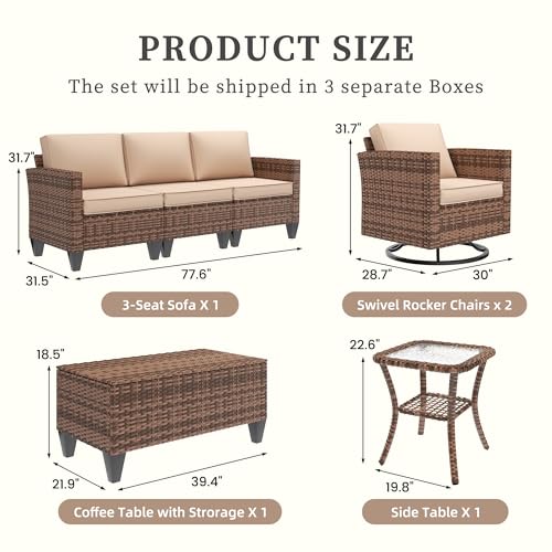 UDPATIO Patio Furniture Set, 5 Pieces Outdoor Conversation Sets with Rocking Swivel Chairs, Wicker Rattan Outdoor Sofa Set with Storage Table and Waterproof Covers for Backyard, Deck, Porch, Khaki