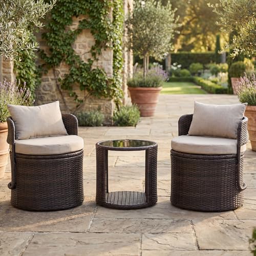DAYAOUTDOOR 3 Piece Outdoor Patio Bistro Set with Storage, Wicker Conversation Chair Set with Glass Table, Modern Balcony Furniture for Garden, Porch, Backyard, Brown