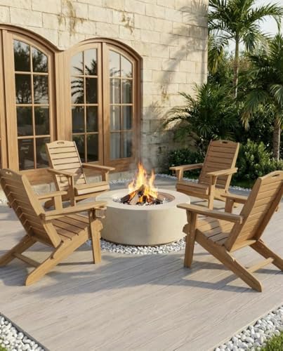 SUUNYN Folding Adirondack Chair with Retractable Ottoman Weather Resistant Fire Pit Chair Patio Chair with 2 Cup Holder Lawn Outdoor Lounge Chair (Teak)