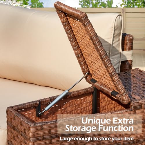 ECOTOUGE Outdoor Patio Furniture Set, 7-Piece Half-Moon All-Weather Wicker Curved Outdoor Sofa, Rattan Conversation Set with Storage Table, Fit for Pool, Backyard, Balcony, Garden(Brown&Beige)