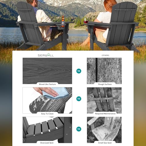 SERWALL Foldable Adirondack Chair Set of 2, HDPE Adirondack Chair with Wood-Texture-Gray