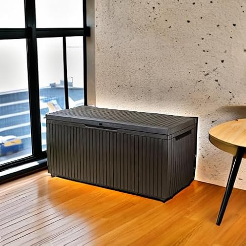 Keter Springwood 80 Gallon Resin Outdoor Storage Box for Patio Furniture Cushions, Pool Toys, and Garden Tools with Handles, Brown