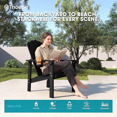 THOEOE Stackable Adirondack Chair Set of 4, HDPE All-Weather Adirondack Chairs - Durable and Space Saving, Plastic Outdoor Fire Pit Chairs with Cup Holder,Black