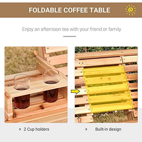 Outsunny 3-Seater Wooden Porch Swing, Patio Swing Bench with Folding Coffee Table, Cup Holders and Chains Included, 440lbs Weight Capacity, Natural