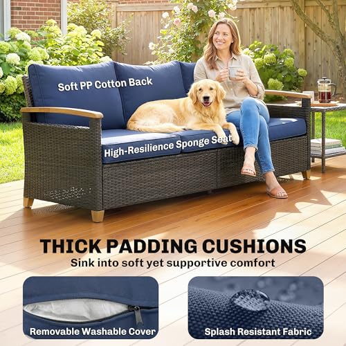 Outsunny 3 Seater Outdoor Couch Sofa, PE Wicker Patio Couch with Wide Deep Seating, 4" Foam Cushions, Wood-Effect Armrests and Legs, Patio Sofa Furniture for Garden, Backyard, Porch, Dark Blue
