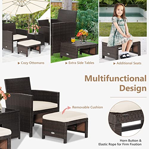 Tangkula 5 Pieces Wicker Patio Furniture Set with Waterproof Cover,Patiojoy Outdoor Cushioned Chairs and Ottoman Set with Single-Door Storage Coffee Table,Space-Saving