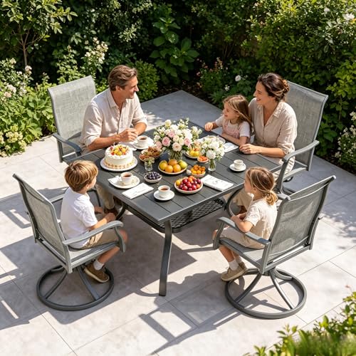 bigget Outdoor Dining Set with Swivel Chairs Set for 4, 5 Piece Modern Outdoor Patio Table and Chairs 450LBS Highback, Powder-Coated Black Wrought Iron Square Table Set for Outside, Grey