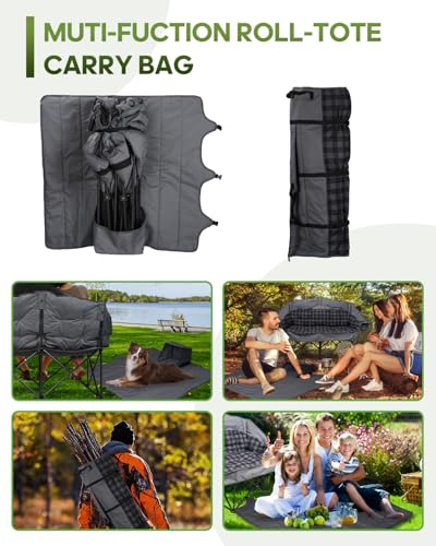 Double Camping Chair Padded Loveseat Camping Couch, Oversized 2 Person Camp Chairs with 2 in 1 Carry Bag, Heavy Duty Folding Lawn Chair Sofa with Cup Holders for Adults Patio Backyard Beach, Gray